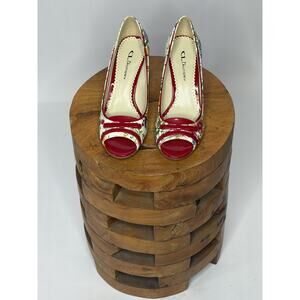 Chinese Laundry Floral Peep Toe Heels Red Patent Bow Pumps Size 7.5 with box
